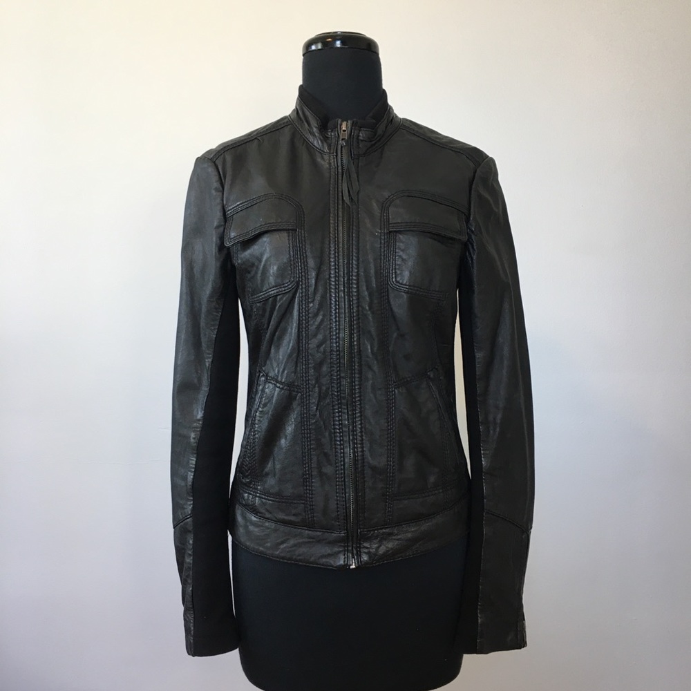 Mango Genuine Black Leather Moto Jacket, XS
